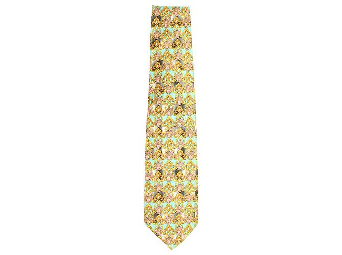 Gianni Versace Printed Tie in Teal Silk Green