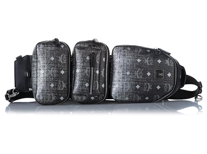 MCM Black Visetos Triple Sling Backpack Leather Pony-style calfskin  ref.958223
