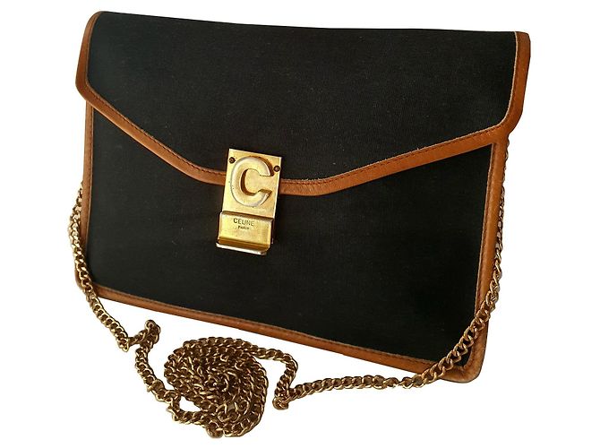 Bolsa de ombro Céline preta e camelo em couro e lona Preto