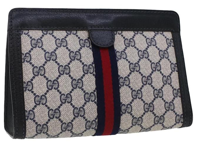 GUCCI GG Canvas Sherry Line Clutch Bag Gray Red Navy 64.014.2125.23 auth 44752 Grey Navy blue  ref.958466