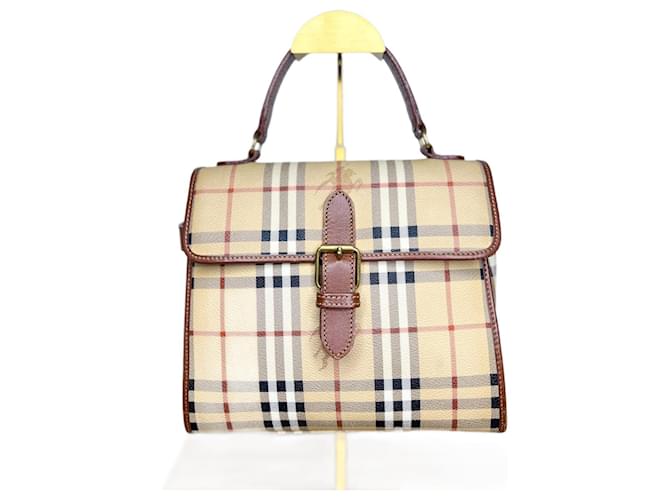 Burberry Vintage Haymarket Kelly 25 Top Handle Bag Brown Beige Leather  ref.958488 - Joli Closet