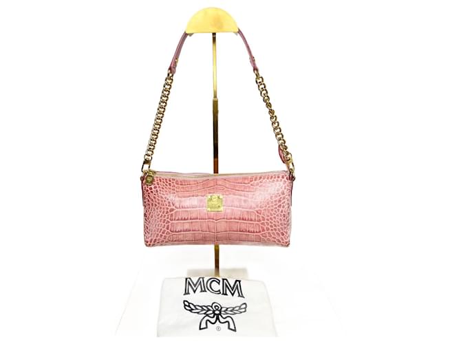 MCM Kleine, strukturierte Baguette-Schultertasche aus rosa Krokodilleder Pink Gold hardware Exotisches Leder  ref.958495
