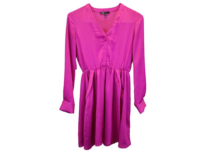 Maje V-Neck Mini Dress in Magenta Silk Pink  ref.958987