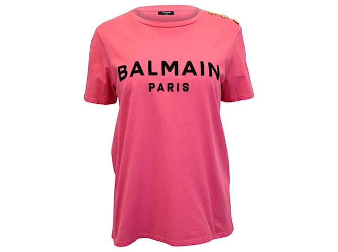 Camiseta de algodón rosa con botones en los hombros y logotipo de Balmain  ref.959015
