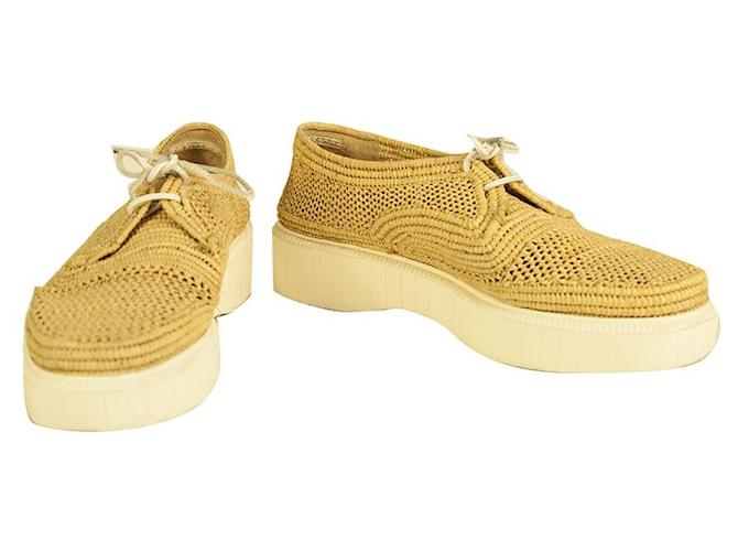 Robert Clergerie Beige Raphia Loafers Platform Wedge Lace Shoes Size 40 Coton  ref.959068