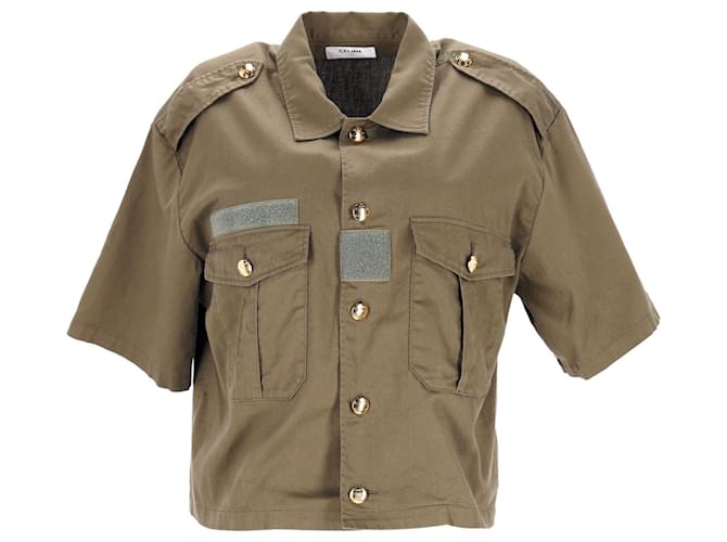 Céline Camisa corta con botones de estilo militar Celine en algodón caqui Verde  ref.959552
