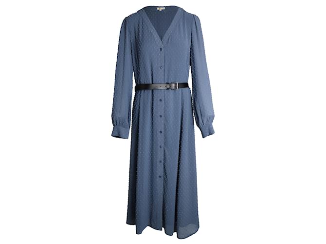 Michael Michael Kors Dotted Long Sleeve Belted Dress in Blue Polyester  ref.960071