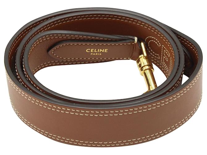 Céline Celine Logo Embroidered Long Strap in Brown Calfskin Leather Beige Pony-style calfskin  ref.960076