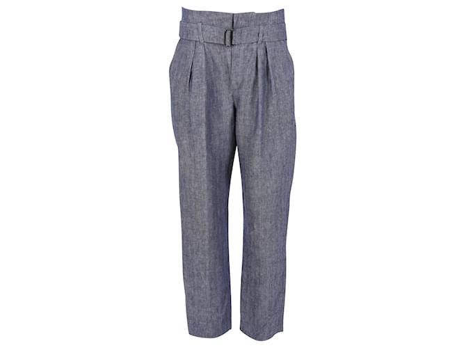 Brunello Cucinelli Belted Pleated Trousers in Blue and White Hemp Linen  ref.960110