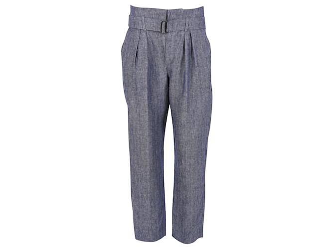 Brunello Cucinelli Pantalone Plissé con Cintura in Lino Canapa Blu e Bianco Biancheria  ref.960110