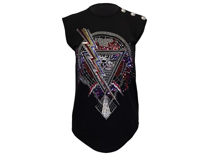 Balmain Graphic Sequined Sleeveless Top in Black Cotton  ref.960120