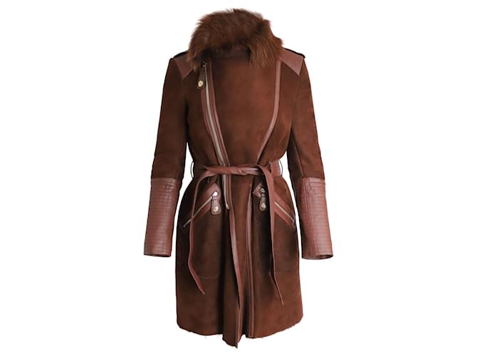 Temperley London Fur and Leather-Trimmed Coat in Brown Sheepskin  ref.960126