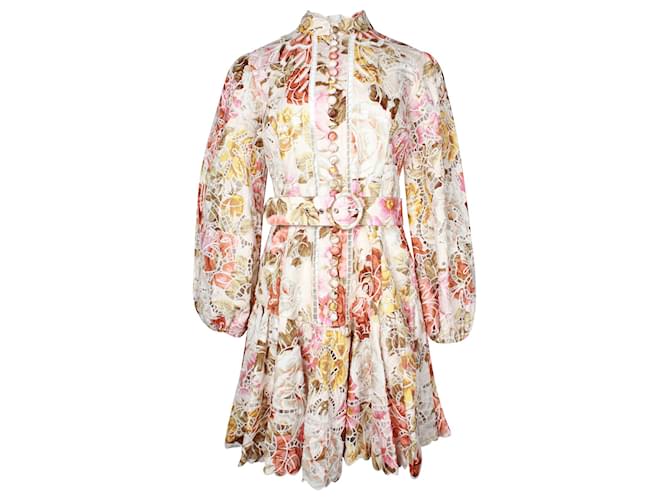Mini abito Zimmermann Bonita in pizzo sangallo con stampa floreale e cintura in lino multicolor Multicolore Biancheria  ref.960161