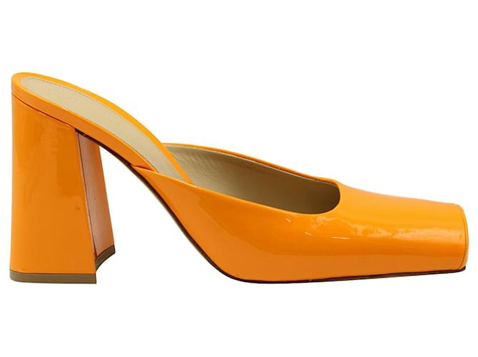 Bottega Veneta Square Toe Block Heel Mules in Orange Patent Leather  ref.960171