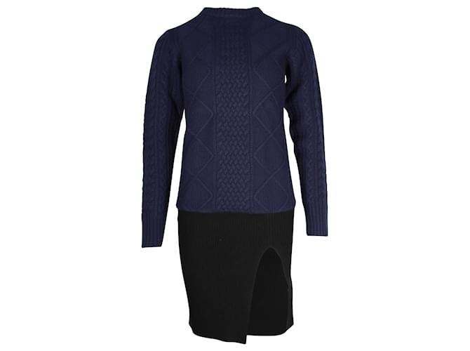 Mini abito con spacco laterale in maglia testurizzata Sacai in lana blu navy e nera  ref.960283