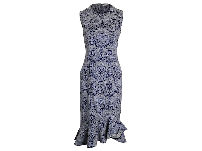 Erdem Louisa Fluted Midi Dress in Blue Polyester Multiple colors  ref.960332