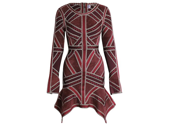 Herve Leger Patterned Bandage Dress in Maroon Rayon Brown Red Cellulose fibre  ref.960368