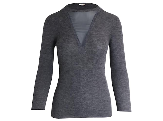 Céline Celine Sheer Panel Long Sleeve Top in Grey Wool  ref.960370