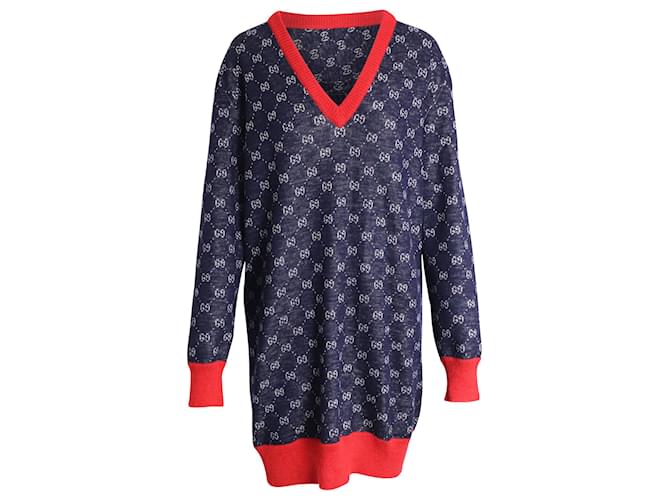 Vestido suéter de tricô estampado com logo Gucci em lã azul  ref.960385