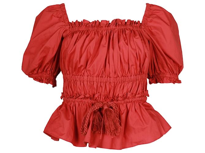 Ulla Johnson Evita Tasseled Shirred Blouse in Red Cotton  ref.960389