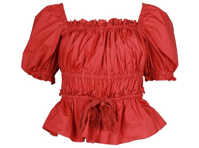 Ulla Johnson Evita Camicetta arricciata con nappe in cotone rosso