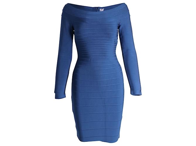 Herve Leger by Max Azria Off-the-Shoulder Long-Sleeve Bandage Dress in Blue Rayon Cellulose fibre  ref.960429