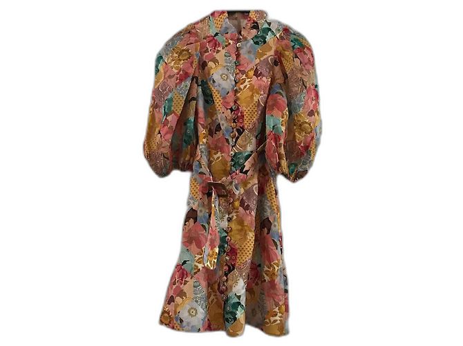 Vestido corto de lino Zimmermann con mangas de globo Multicolor