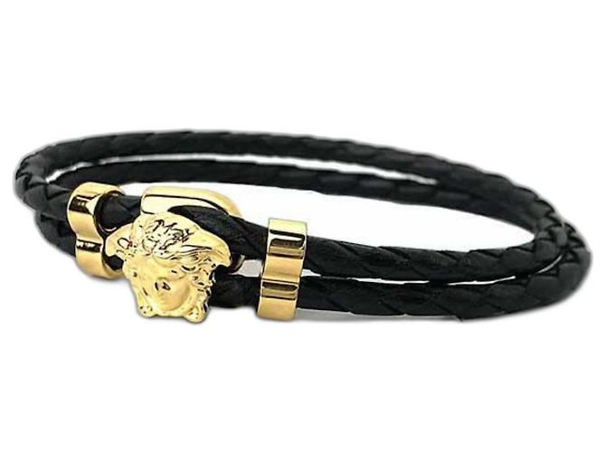 Pulseira Versace Preta e Dourada Couro e Metal Preto Dourado