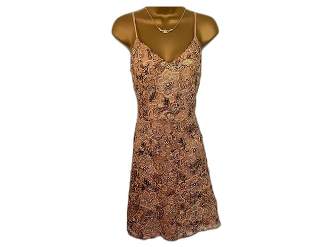 Autre Marque Mikael Aghal Womens Gold Embellished Lace Cocktail Dress UK 14 US 10 EU 42 Bronze Polyester  ref.961249
