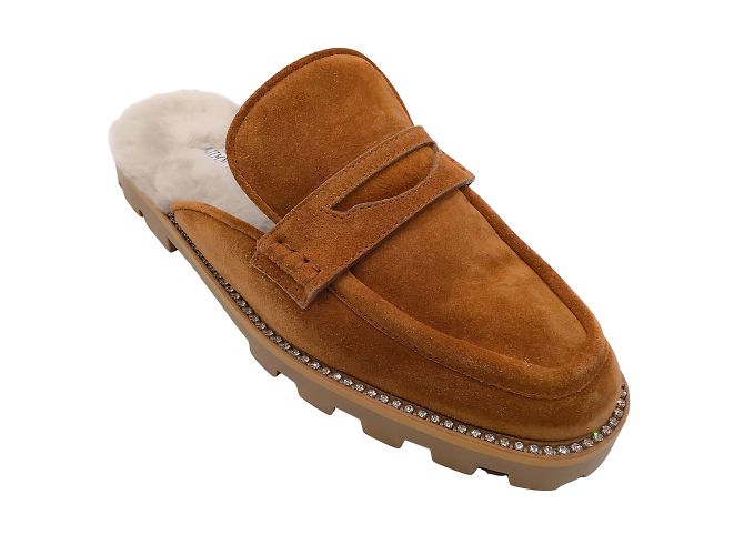 Jimmy Choo Ronnie Tan / Natural Crystal Embellished Shearling Lined Soft Suede Flat Mules