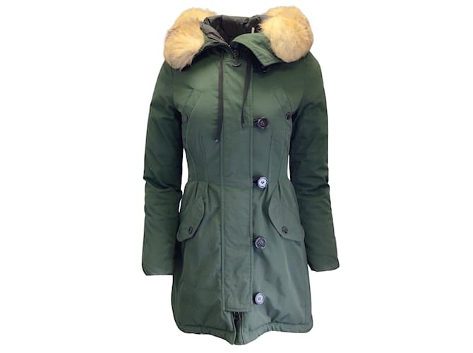 Moncler Aredhel Green / Tan Fox Fur Trimmed Hooded Down Puffer