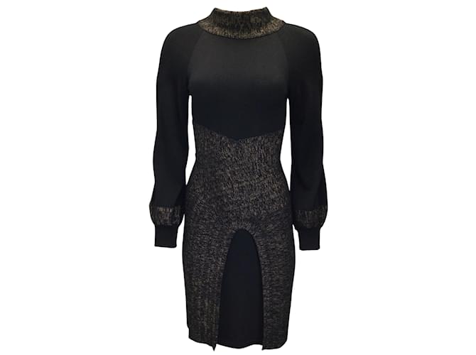 Chanel 2010 Paris Byzance Black / Gold Metallic Shimmer Detail Long Sleeved Fitted Wool Knit Dress  ref.961918