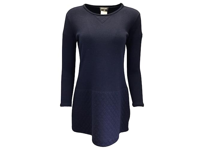 Chanel Navy Blue Quilted Detail Long Sleeved Wool and Cotton Mini Dress