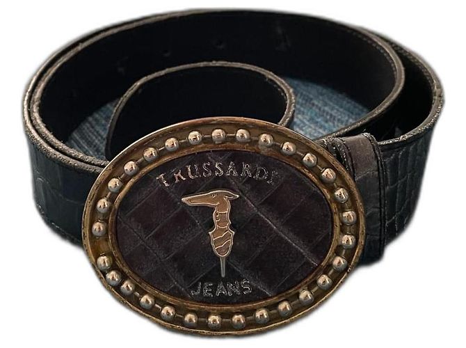 Cinto Trussardi Jeans de couro de crocodilo preto e dourado Gold hardware