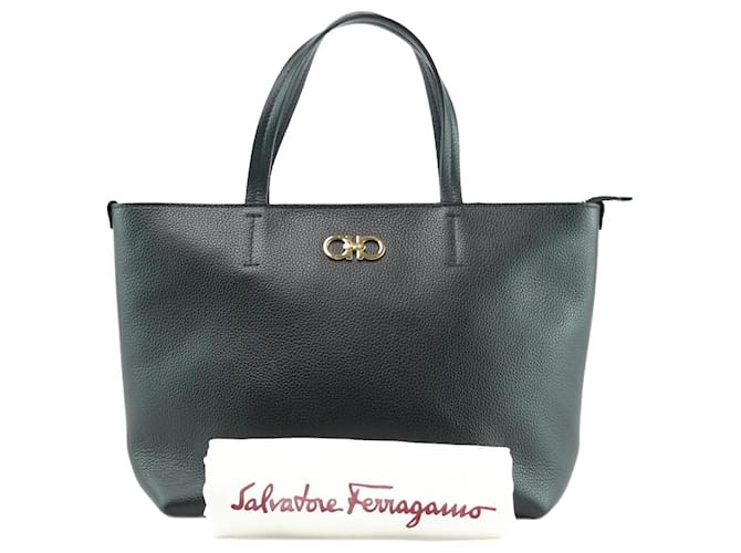 Salvatore Ferragamo Gancini Leather Tote Bag Black Pony style calfskin ref.962235 Joli Closet