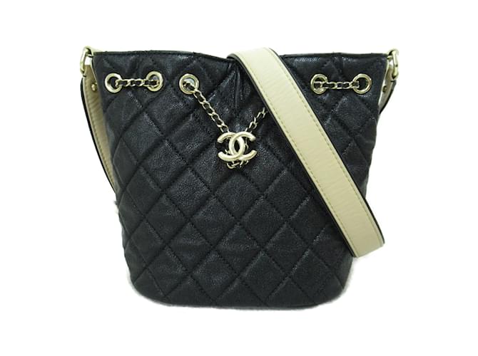 Chanel CC Quilted Caviar Drawstring Bucket Bag Black Leather ref