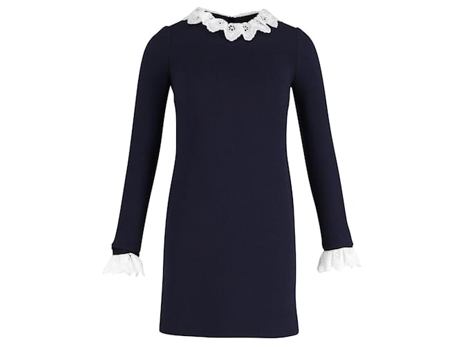Victoria Beckham Broderie Anglaise-trimmed Mini Shift Dress in Navy Blue Wool  ref.962546