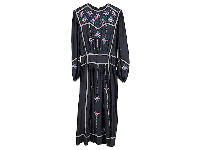 Isabel Marant Caroline Floral-embroidered Midi Dress in Black Silk  ref.962584
