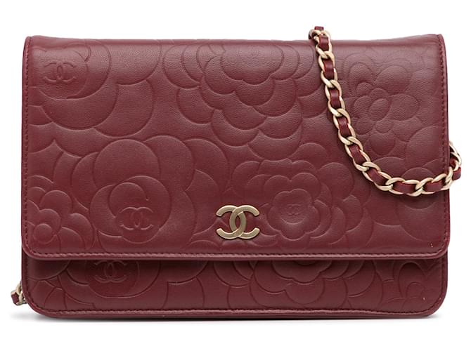 Chanel Red Camellia CC Wallet On Chain Dark red Leather Pony-style