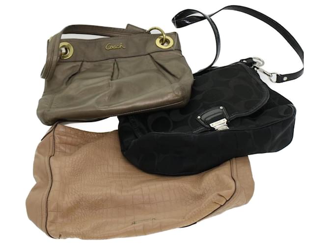 Coach Signature Shoulder Bag Canvas Leather 3Set Black Brown gray Auth 44682 Grey Cloth  ref.963359