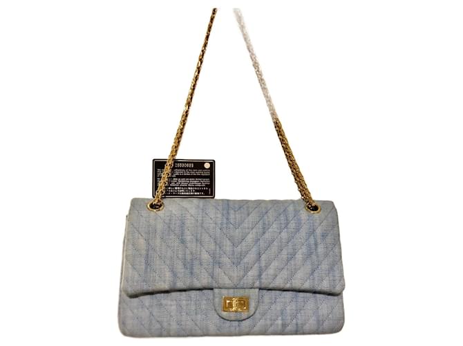 Chanel 18P, 2018 Spring Chevron Quilted 2.55 Reissue 226 Medium Flap Bag in Light Blue Denim & Shiny Gold Hardware GHW! Leather  ref.963572