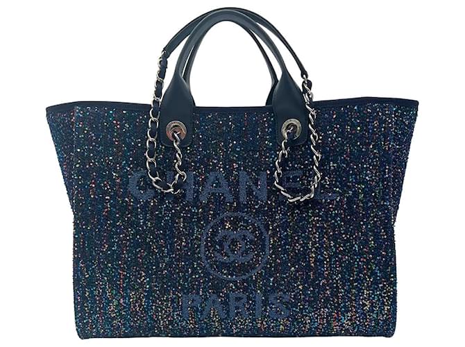 Chanel Deauville Shopping Bag blue sequins silver hardware Cotton