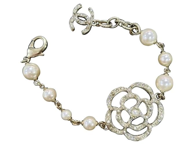 Chanel Gold Camellia and Faux Pearl Bracelet Silvery Metal  ref.964543