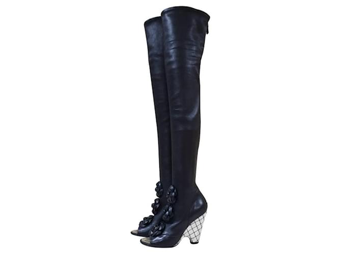 Chanel Black Leather Camellia Wedge Over The Knee Boots  ref.964552