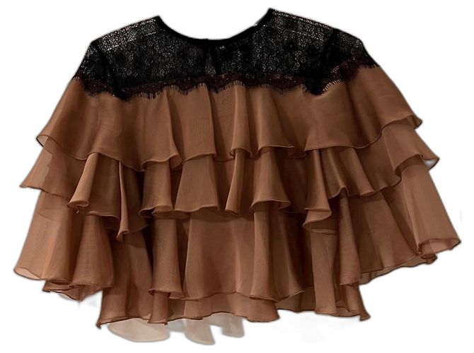 Topshop Crop Top beige mit Rüschen und schwarzer Spitze