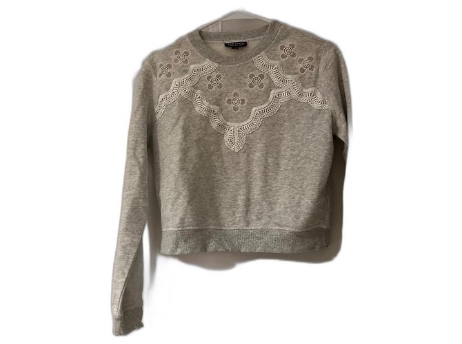 Topshop Cropped Sweatshirt Grau Baumwolle mit weißer Stickerei Größe 36