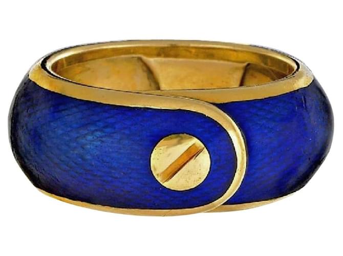 ***Van Cleef & Arpels Gold Enamel Belt Band Ring Blue Gold hardware Yellow gold  ref.964991