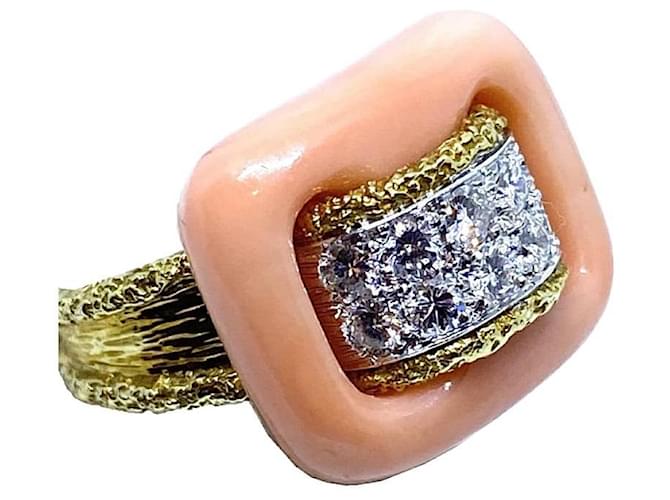***Van Cleef & Arpels 18Anel Art Deco Coral Diamante Ouro Amarelo K Multicor  ref.965150