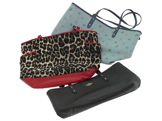 Coach Leopard Tote Bag PVC Leather 3Set Black Red blue Auth 44690  ref.965223