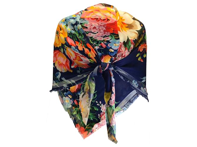 GUCCI NAVY BLUE MULTI JOSEPHINE FLORAL PRINTED WOOL AND SILK SCARF  ref.965299